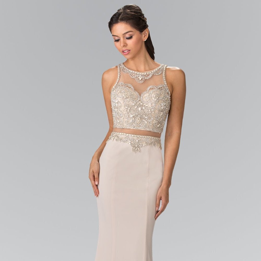 NEW LONG BEADED SHEER TWO PIECE SHEATH DRESS EMBROIDERED WITH RHINESTONES GL2342